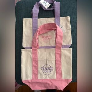 2 Trader Joe’s Mini Pastel Canvas Tote Bag in Lilac and Pink Bundle